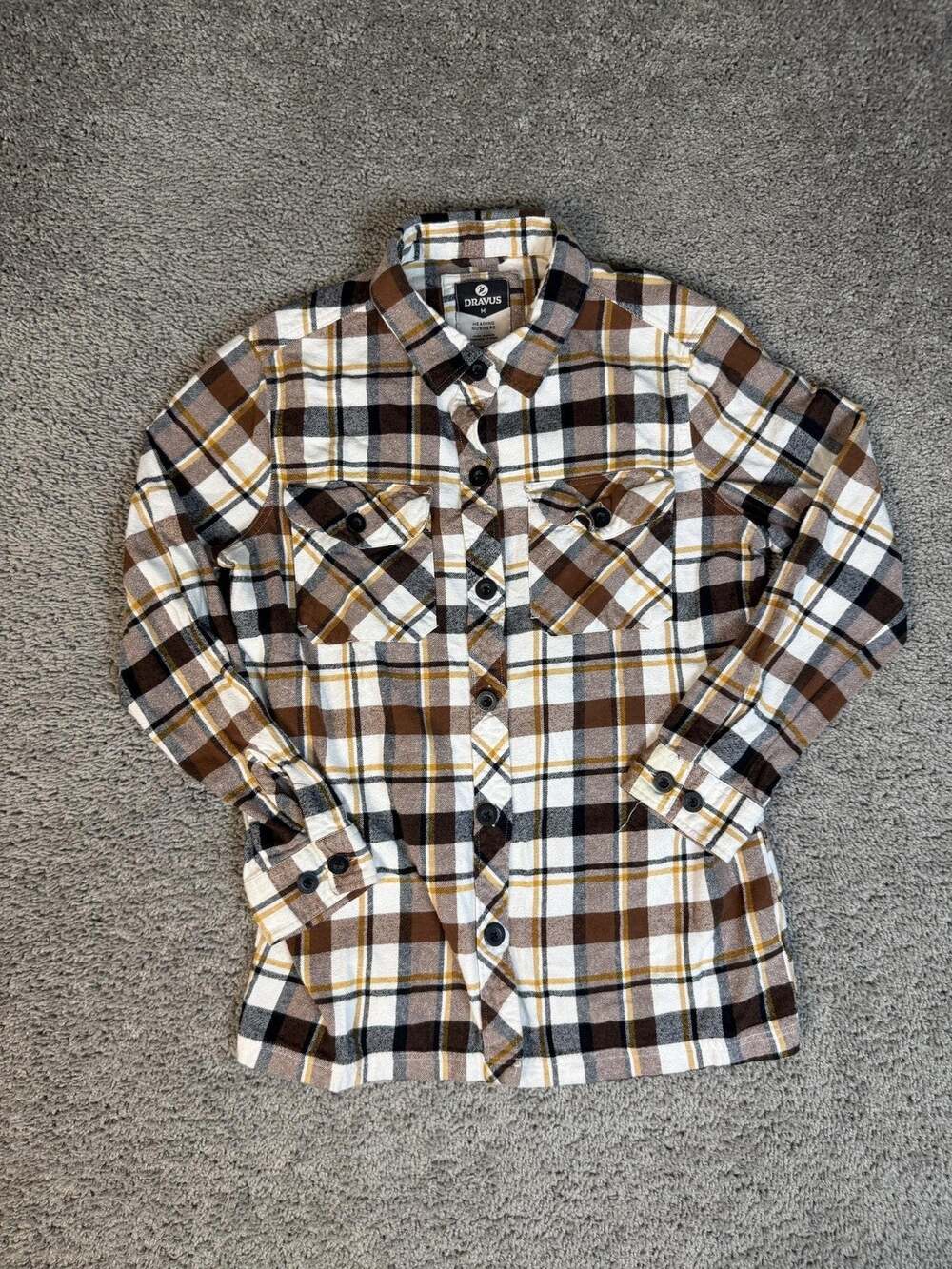 Dravus Shirt Mens M Brown Long Sleeve Button Up Flannel Plaid Cotton Casual